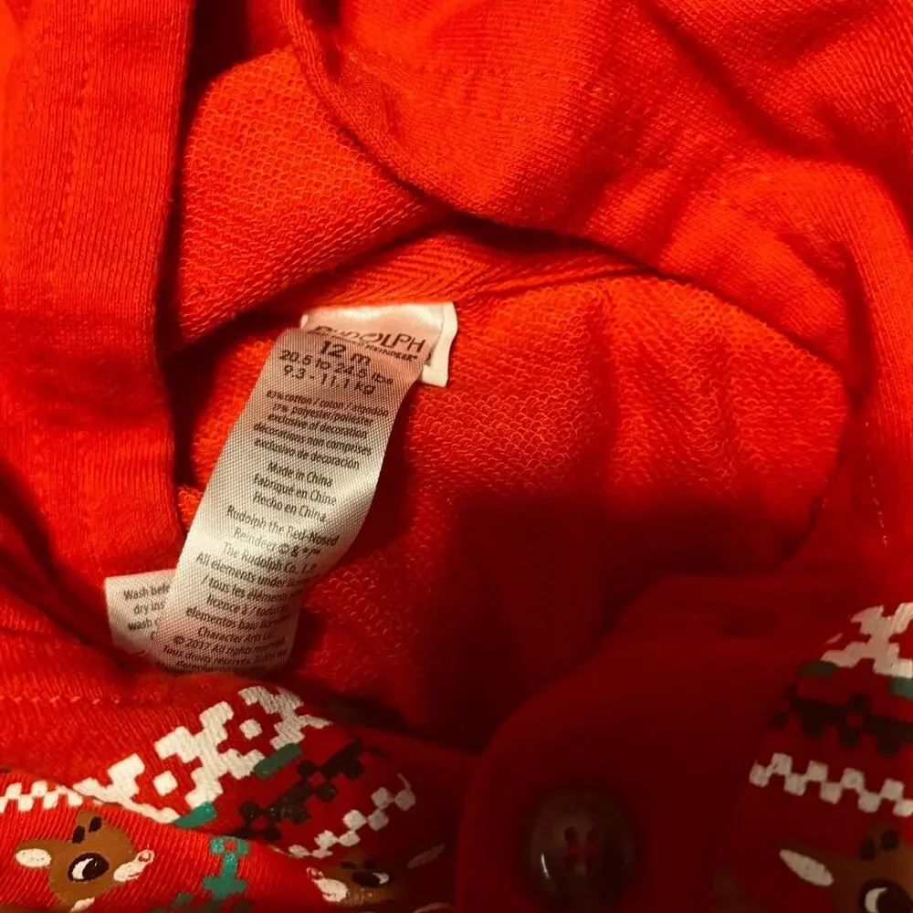 Rudolph Red Hooded Christmas Romper Baby 12M Reindeer Antlers Holiday Outfit